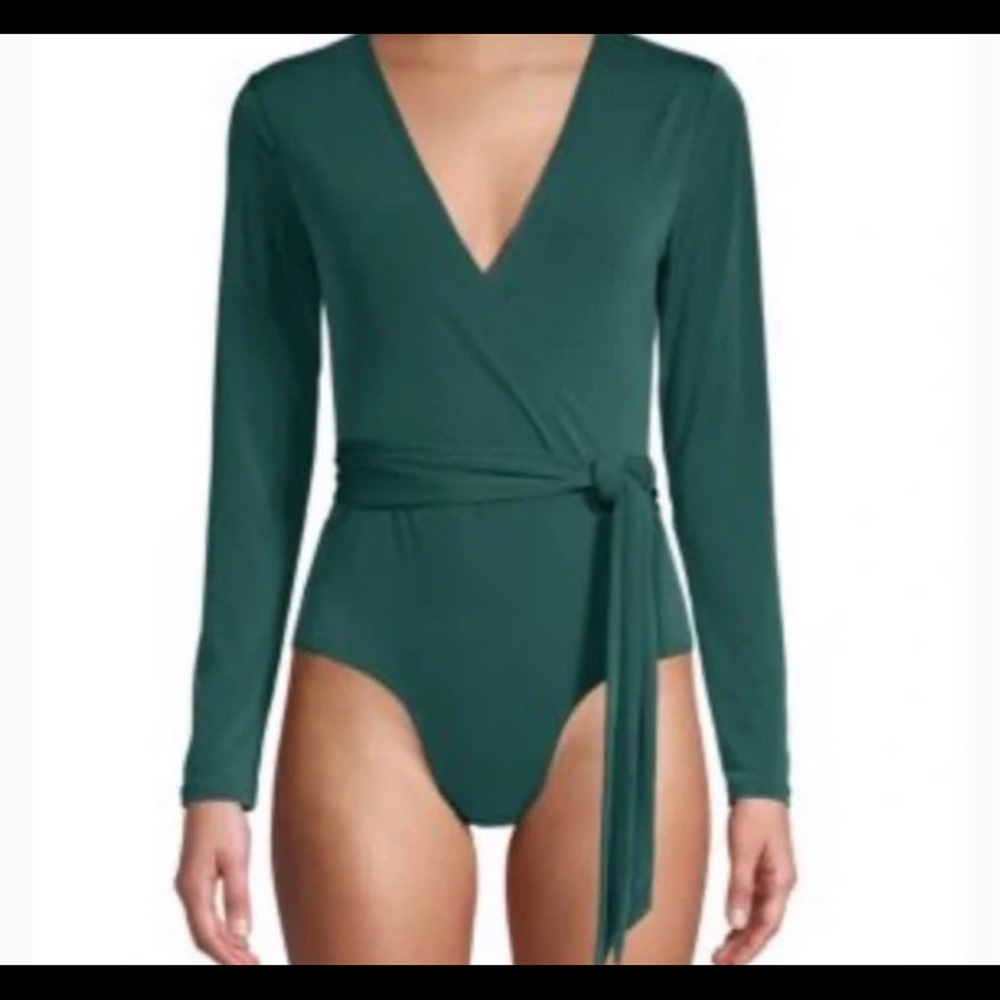 BCBGENERATION Crossover Tie-waist Bodysuit In Dark Green Size Large